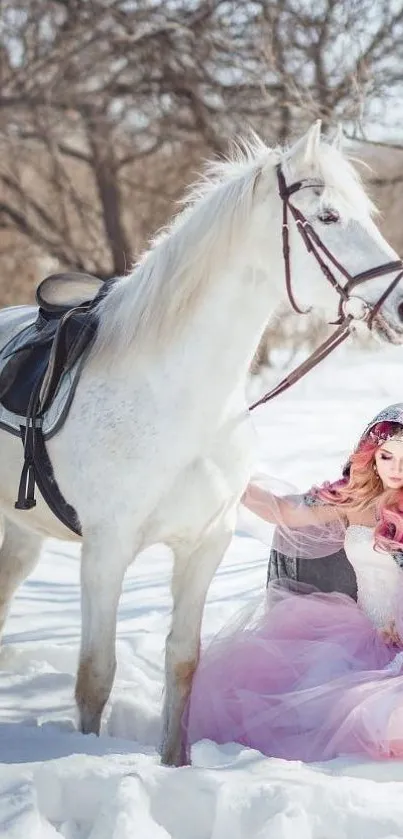 White horse with pink-haired girl in a snowy landscape.