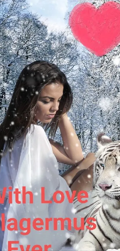 Winter scene with woman, white tiger, and red heart in snowy landscape.