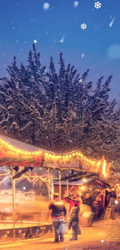 Festive winter market scene with twinkling lights and snowflakes.