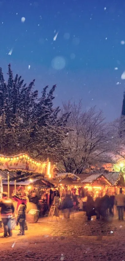 Enchanting winter market with glowing lights.