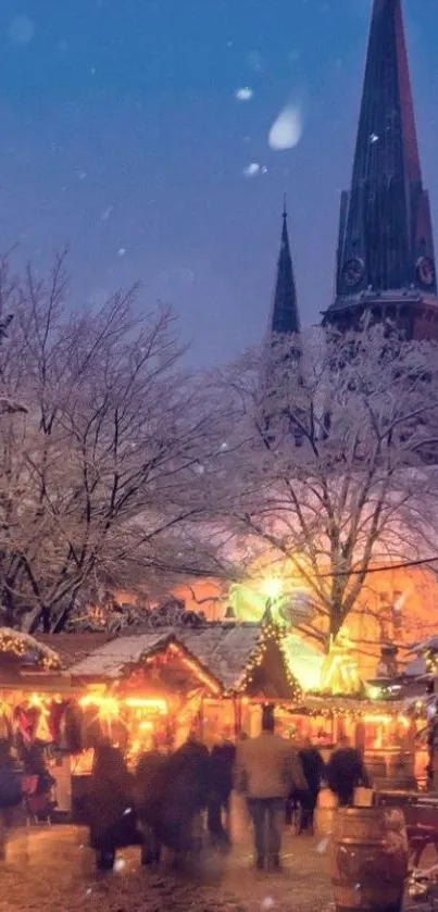 A festive winter market scene with glowing lights and snowy trees.