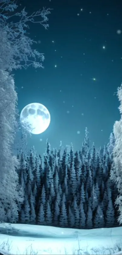 Winter night landscape with full moon over snowy forest.