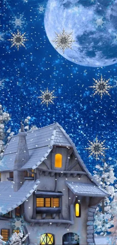 Charming snowy house under a moonlit sky with stars and snowflakes.