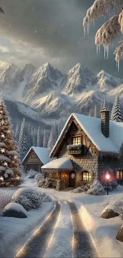 Snowy cabin in a mountainous winter scene.