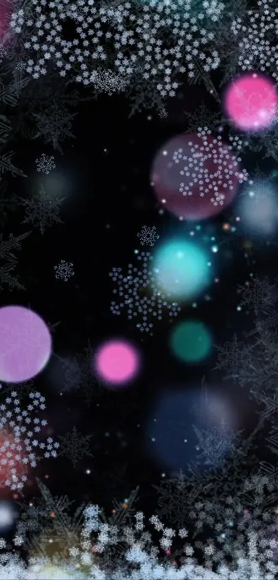 Enchanting winter night lights with bokeh and snowflakes.