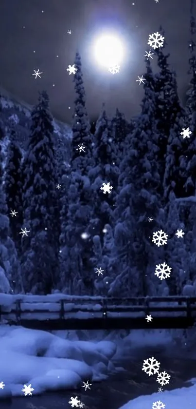 Moonlit snowy forest with falling snowflakes mobile wallpaper.