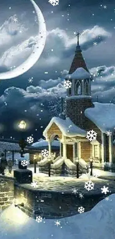 Snowy village under moonlit night sky for mobile wallpaper.