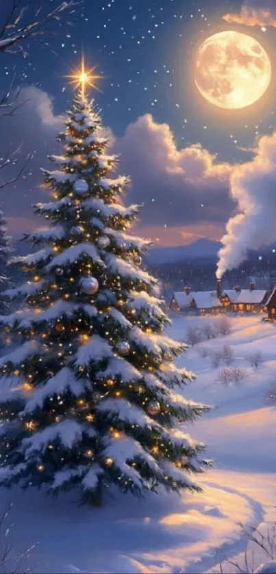 Moonlit winter scene with Christmas tree and snowy landscape.