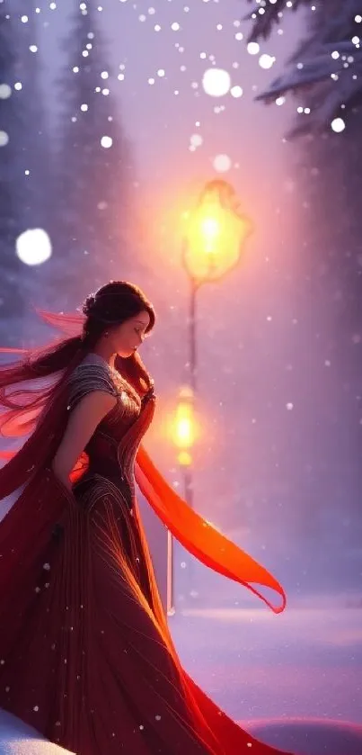 Fantasy winter night scene with red dress and glowing lamp.