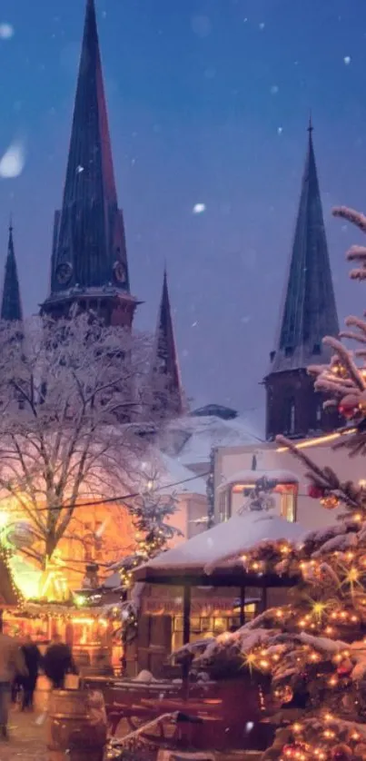 Winter night scene with festive lights and snow-covered spires.