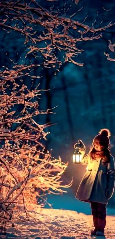 Girl with lantern walking in snowy winter night.