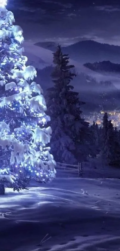 Snowy Christmas tree glowing in a serene winter landscape.