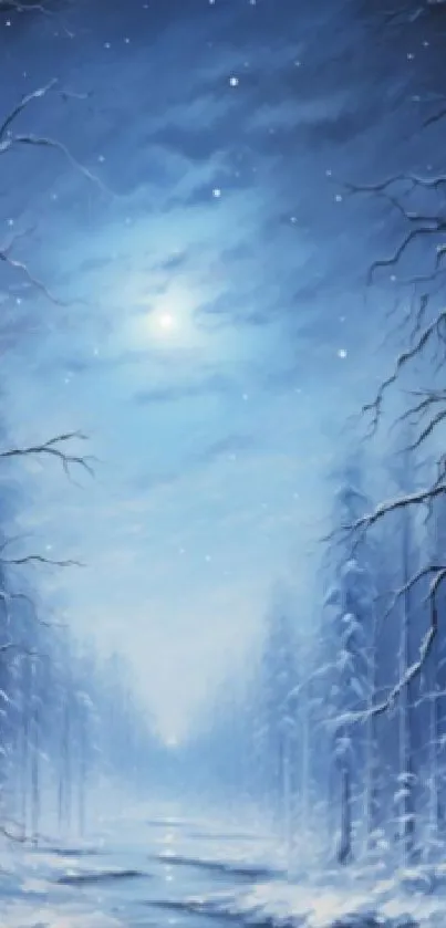 A serene winter forest under a starry night sky with snow-covered trees.