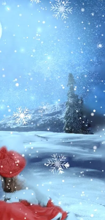 Enchanting snowy landscape under a full moon with a cozy winter vibe.