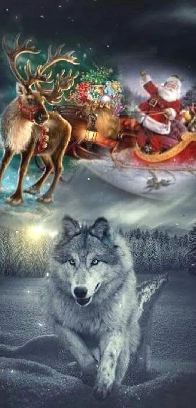 Wolf under starry night with Santa's sleigh soaring above in a winter scene.