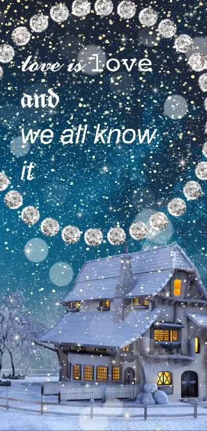 Snowy house under starry night with quote and sparkling ring.