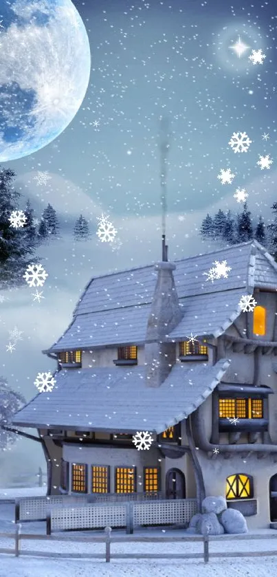 Cozy cottage under moonlight in snowy winter scene.