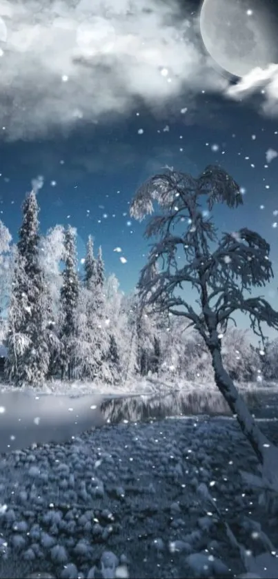 Serene winter landscape with snowy trees under a moonlit starry sky.