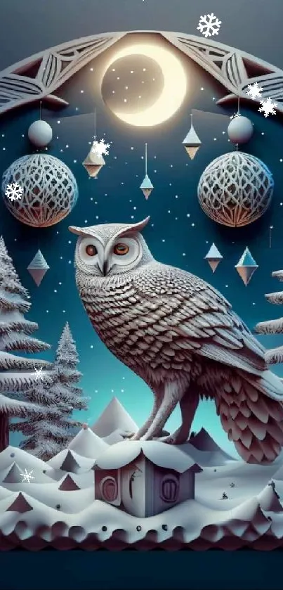 Decorative owl in a snowy nocturnal scene with trees and a crescent moon.