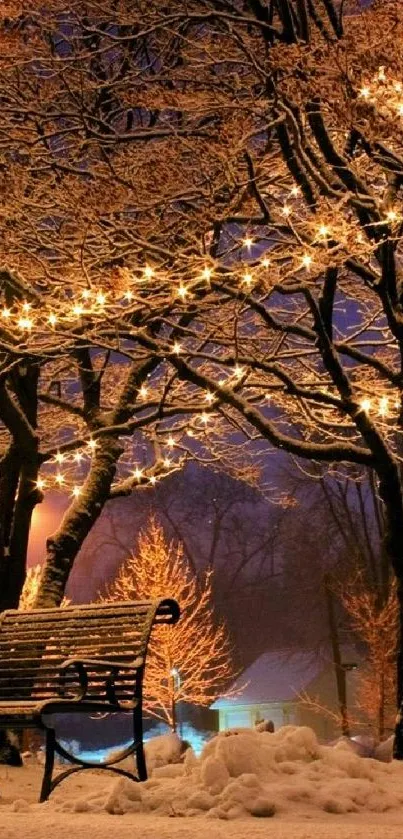 Snowy park at night with warm fairy lights and a bench, perfect for winter themes.