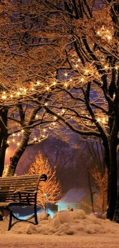 Snowy park at night with illuminated trees and benches.