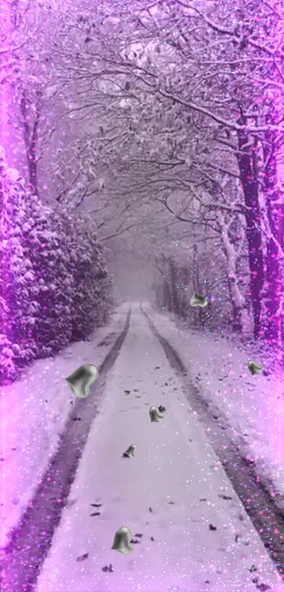 Winter path with mystical pink glow and snow-covered trees.