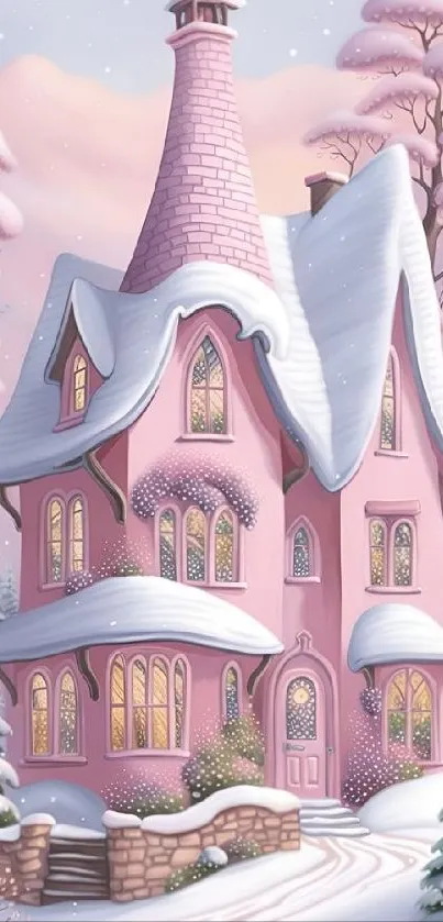 Enchanting pink house in snowy winter setting with pastel colors.