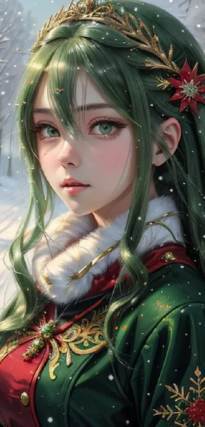 Artistic winter princess in snow with green dress and gold accents.