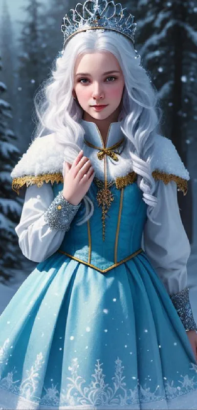 A beautiful winter princess in a blue dress with snowy forest background.