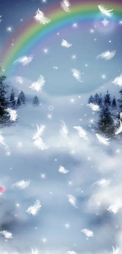 Winter scene with rainbow, snow, and feathers.