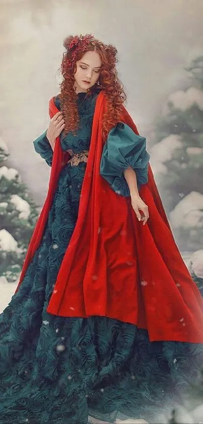 Woman in red cloak around snow-covered trees.