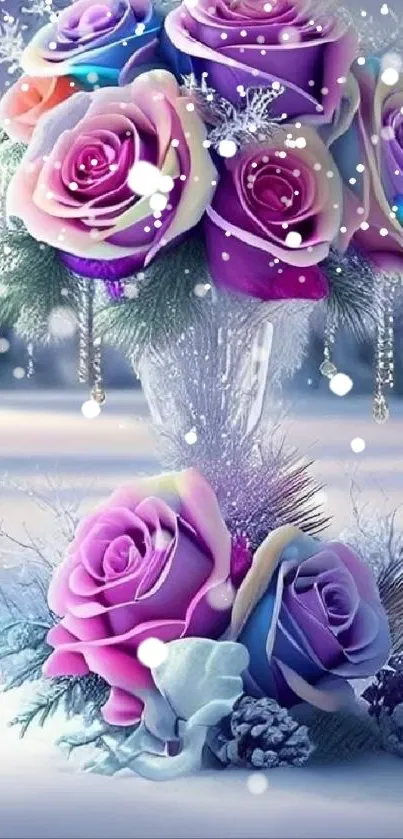 Beautiful lavender rose bouquet in a snowy winter landscape.