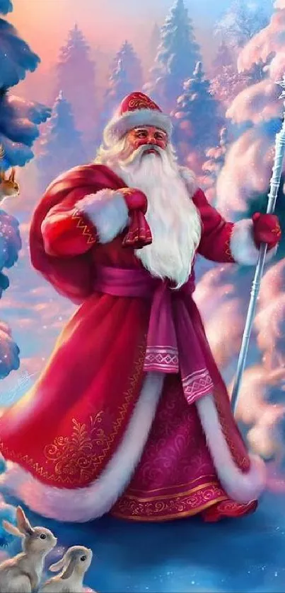 Santa in a magical snowy forest with animals.