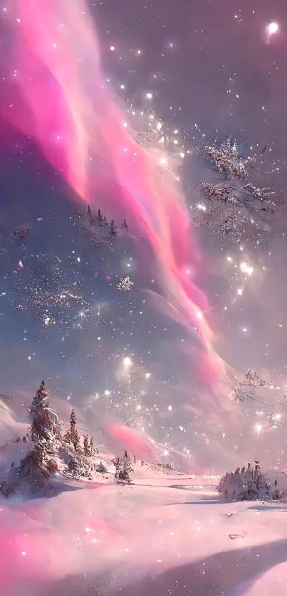 Pink aurora over a snowy landscape wallpaper