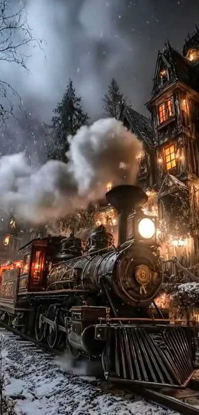 Steam train passing by a haunted house on a snowy night.