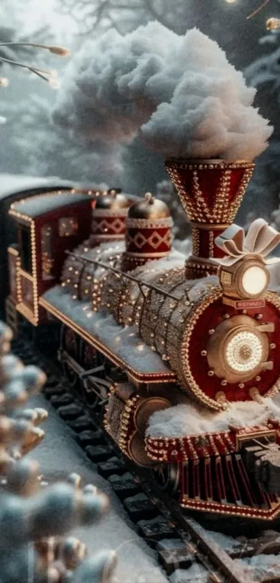 Snow-covered train in a magical winter landscape.