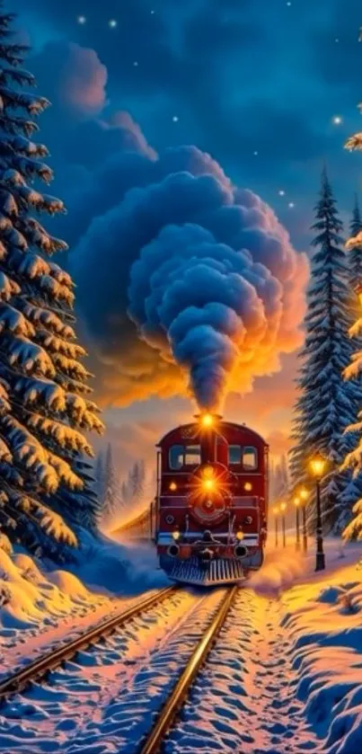 Steam train on snowy tracks with magical sunset glow.