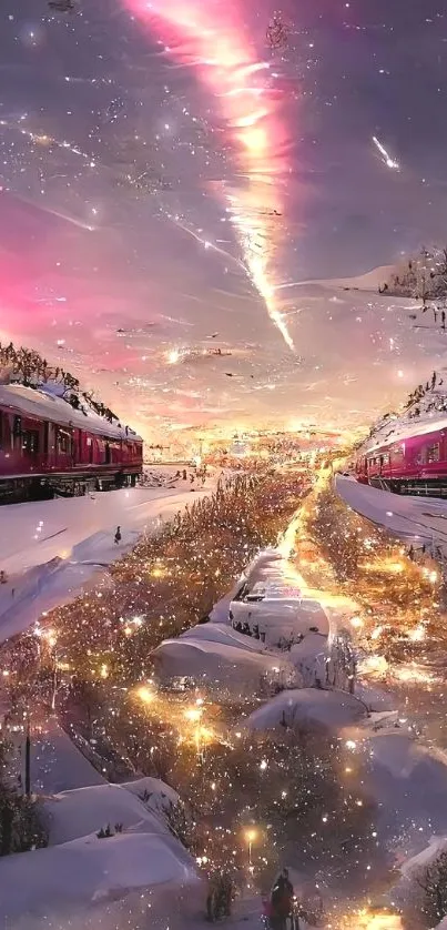 Enchanting winter landscape with trains and a cosmic sky.