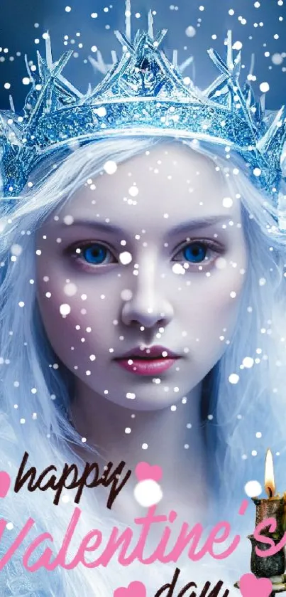 Winter themed Valentine's Day wallpaper with an ice queen and a blue crown.