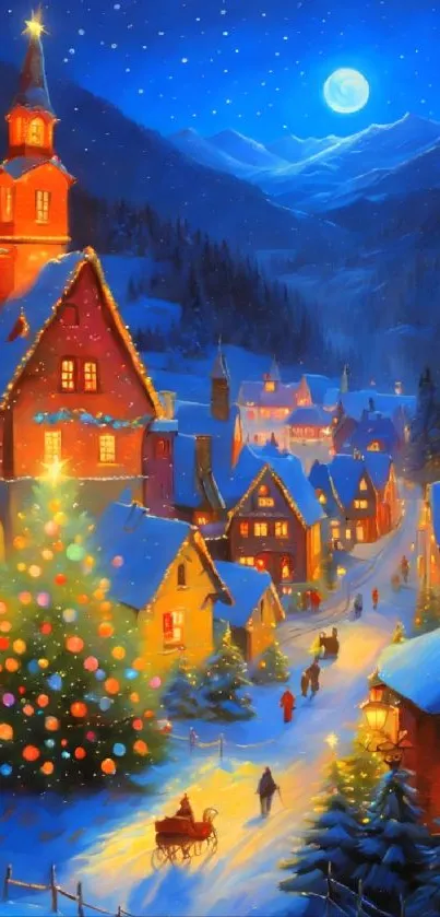 Charming winter village scene under a full moon with a Christmas tree.