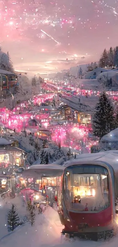 Winter village with glowing pink sky and snow-covered landscape.