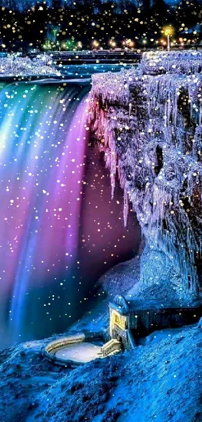 Enchanting waterfall with neon lights in a winter landscape.