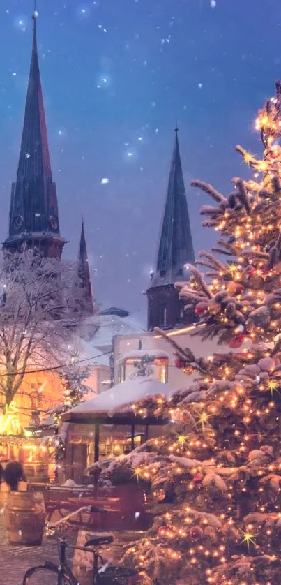 Snowy market with lights at night in winter wonderland scene.