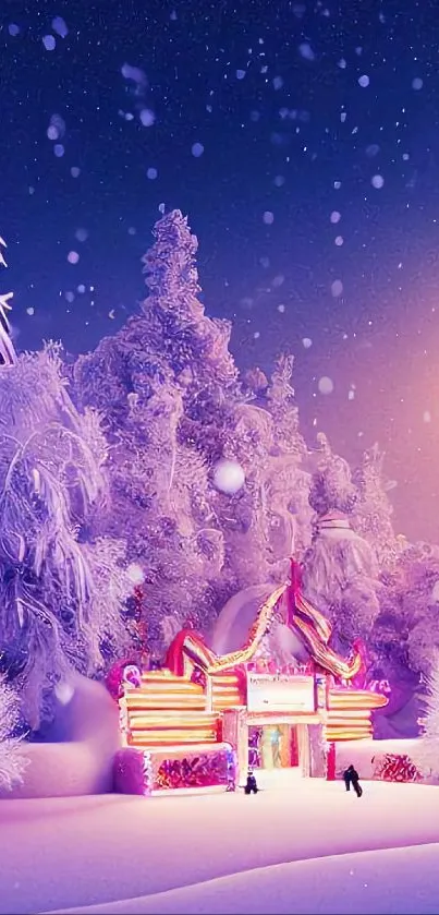 Enchanting winter wonderland with snowy trees and a festive house.