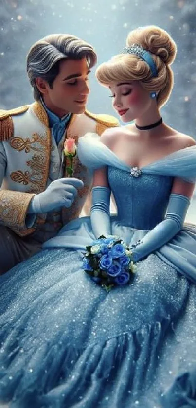 Prince and princess in snowy forest setting, creating a magical atmosphere.
