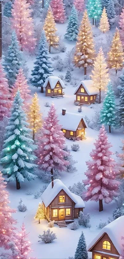 Magical winter scene with lit cabins and colorful trees in snow.