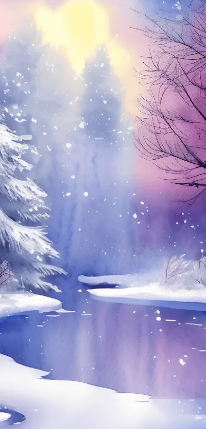 Snowy winter landscape with purple hues.