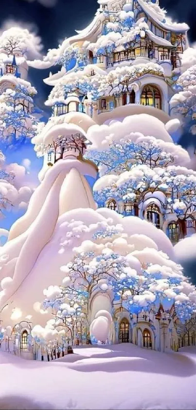 Fantasy illustration of a snowy castle in a winter wonderland.