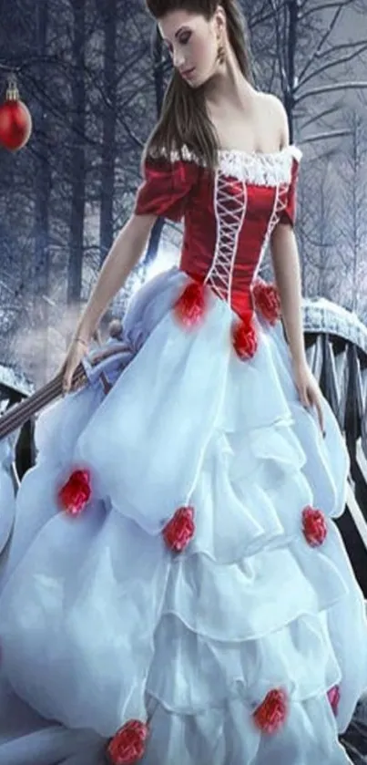 Elegant bride in red gown on snowy bridge in winter.