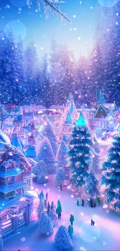 Snow-covered village in a winter wonderland with twinkling lights.